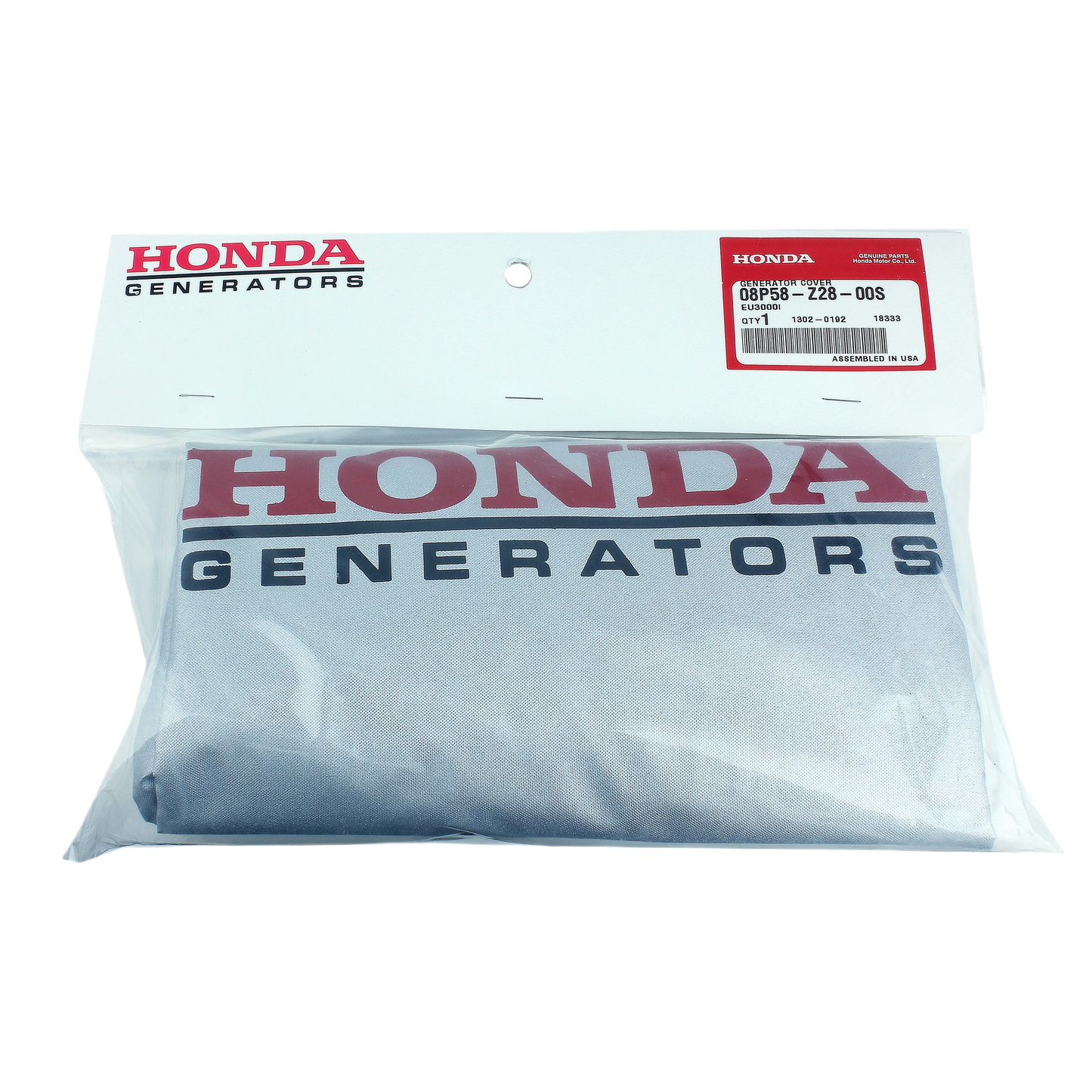 Silver fabric generator cover with red and black Honda Generators branding in clear retail packaging