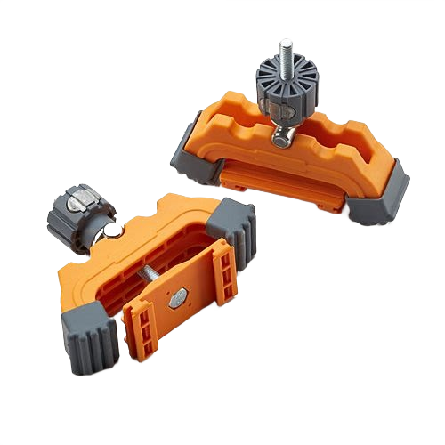 Pair of orange and gray track clamps for woodworking tool accessories and home improvement projects