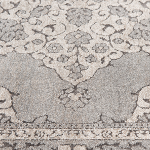 Close-up of neutral-toned area rug with intricate floral and ornamental design for stylish home flooring