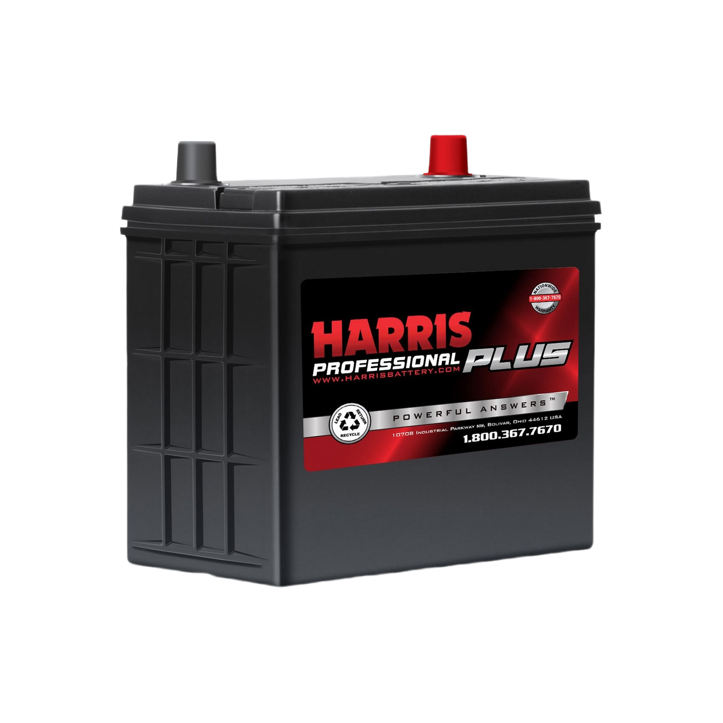 Black automotive flooded lead acid battery with red and black terminals in all products and automotive collection