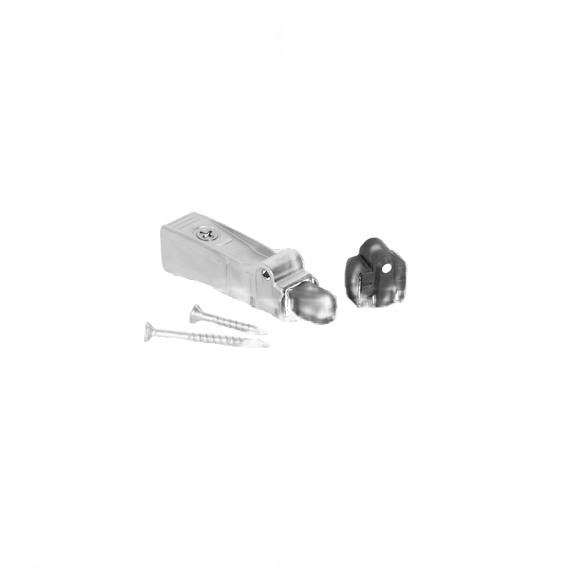 Metal soft close hinge mechanism with plastic damper and mounting screws for cabinet hardware and furniture accessories.
