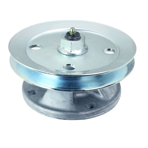 Heavy-duty mower deck spindle with metal pulley and mounting holes for John Deere lawn mower maintenance and repair.