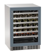 Freestanding 24 inch wine refrigerator with glass door, stainless steel frame, and wooden shelves in kitchen appliances collection