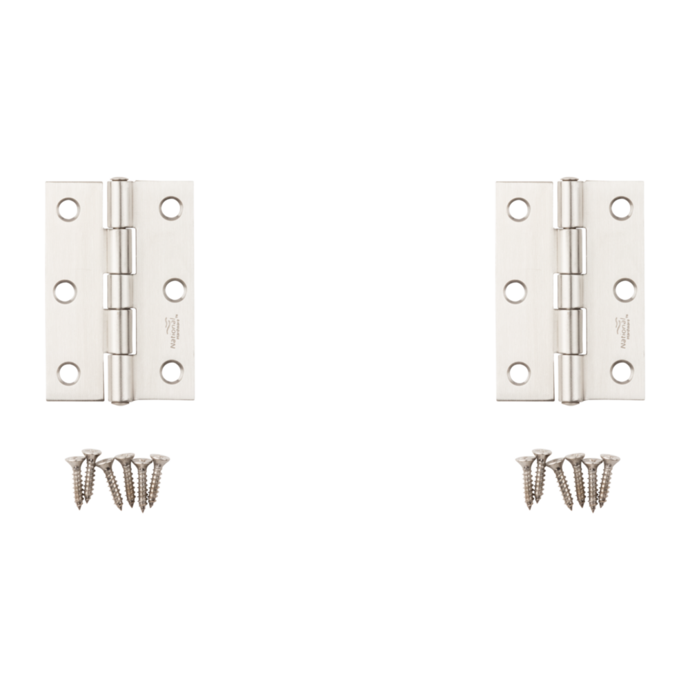 Two 3-inch stainless steel narrow tight-pin hinges with screws for cabinets and light doors in home improvement projects under $50
