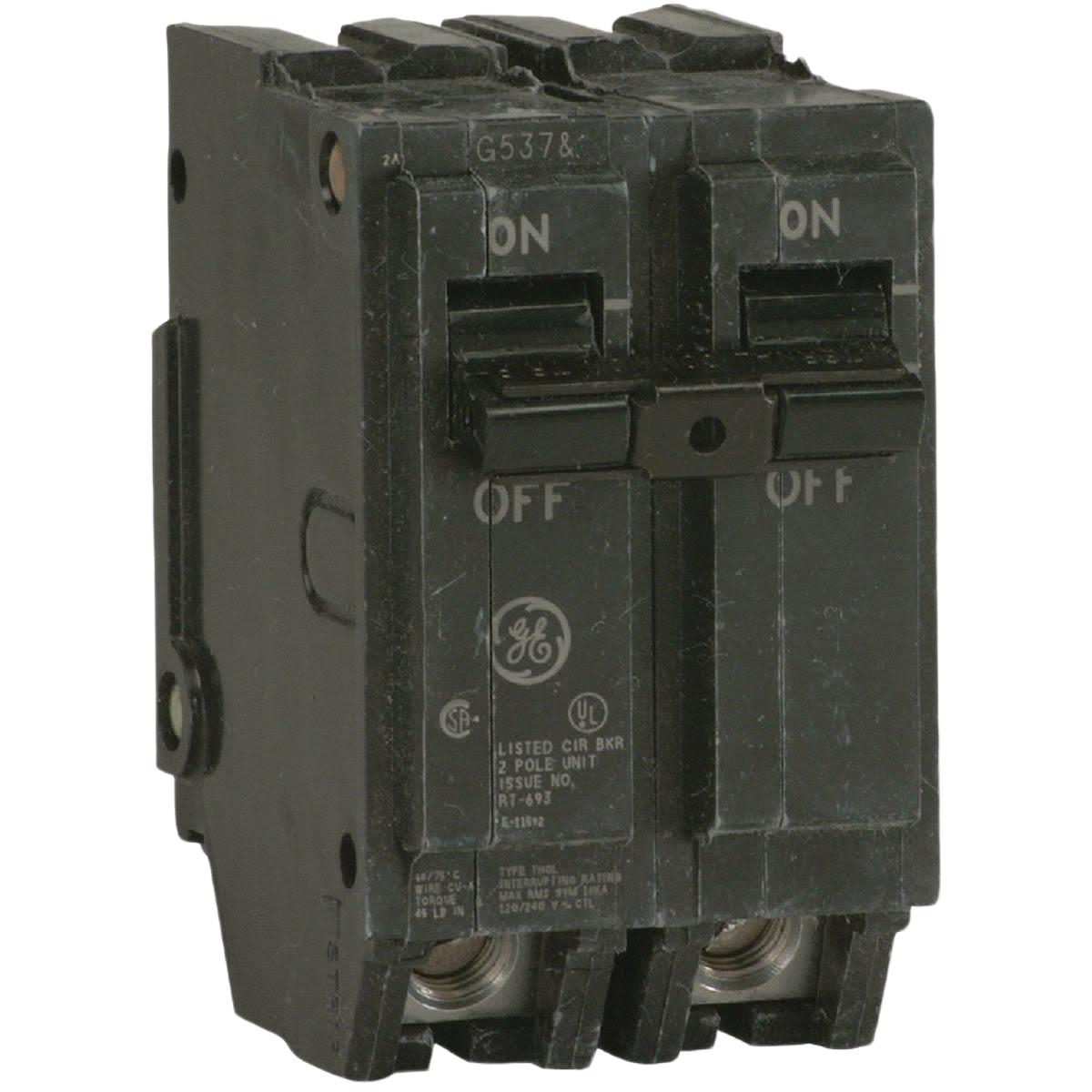 Black double-pole electrical circuit breaker switch with ON and OFF toggles for home electrical panel upgrades