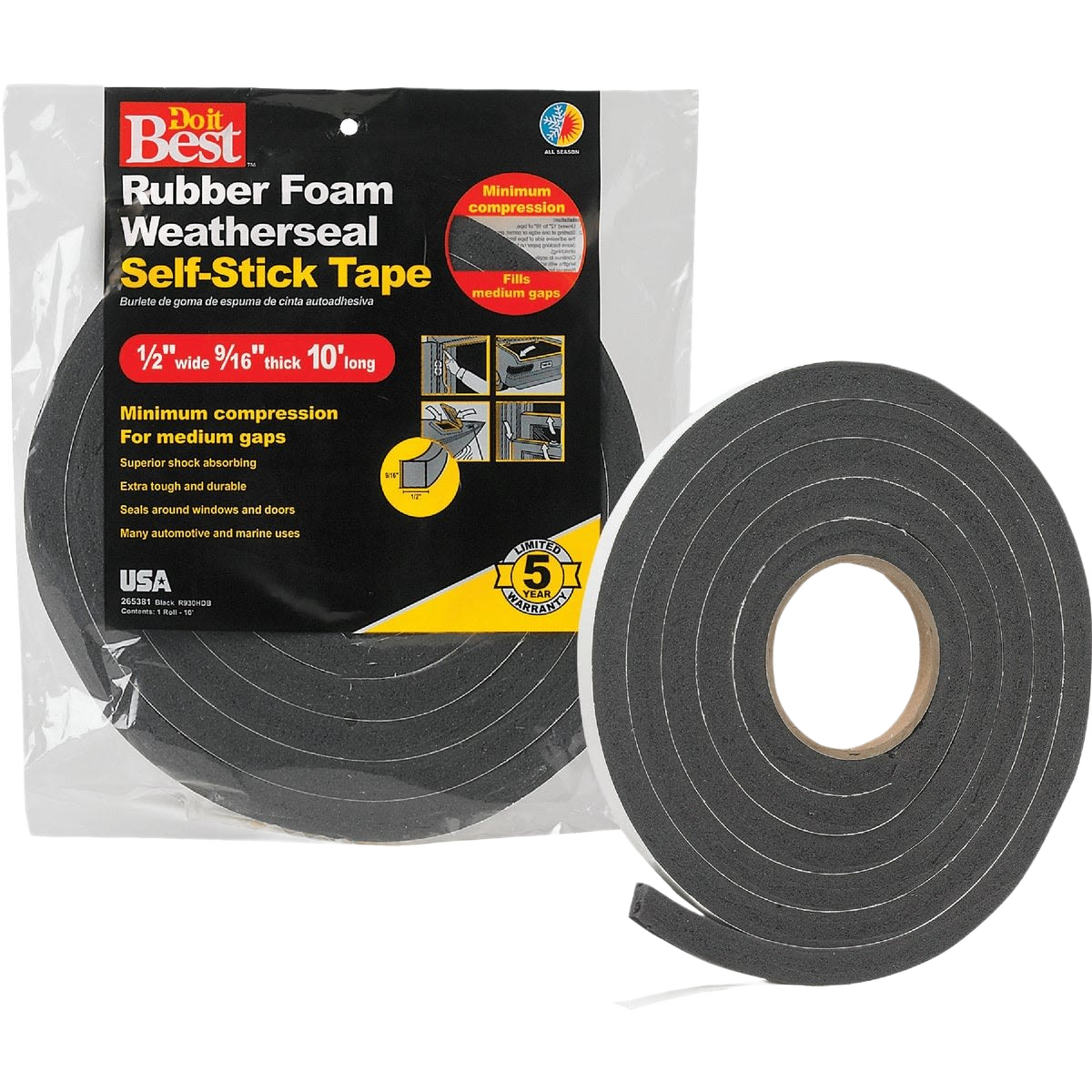 Black self-stick foam weatherstrip tape roll designed for sealing medium gaps in home improvement hardware projects under $50 collection