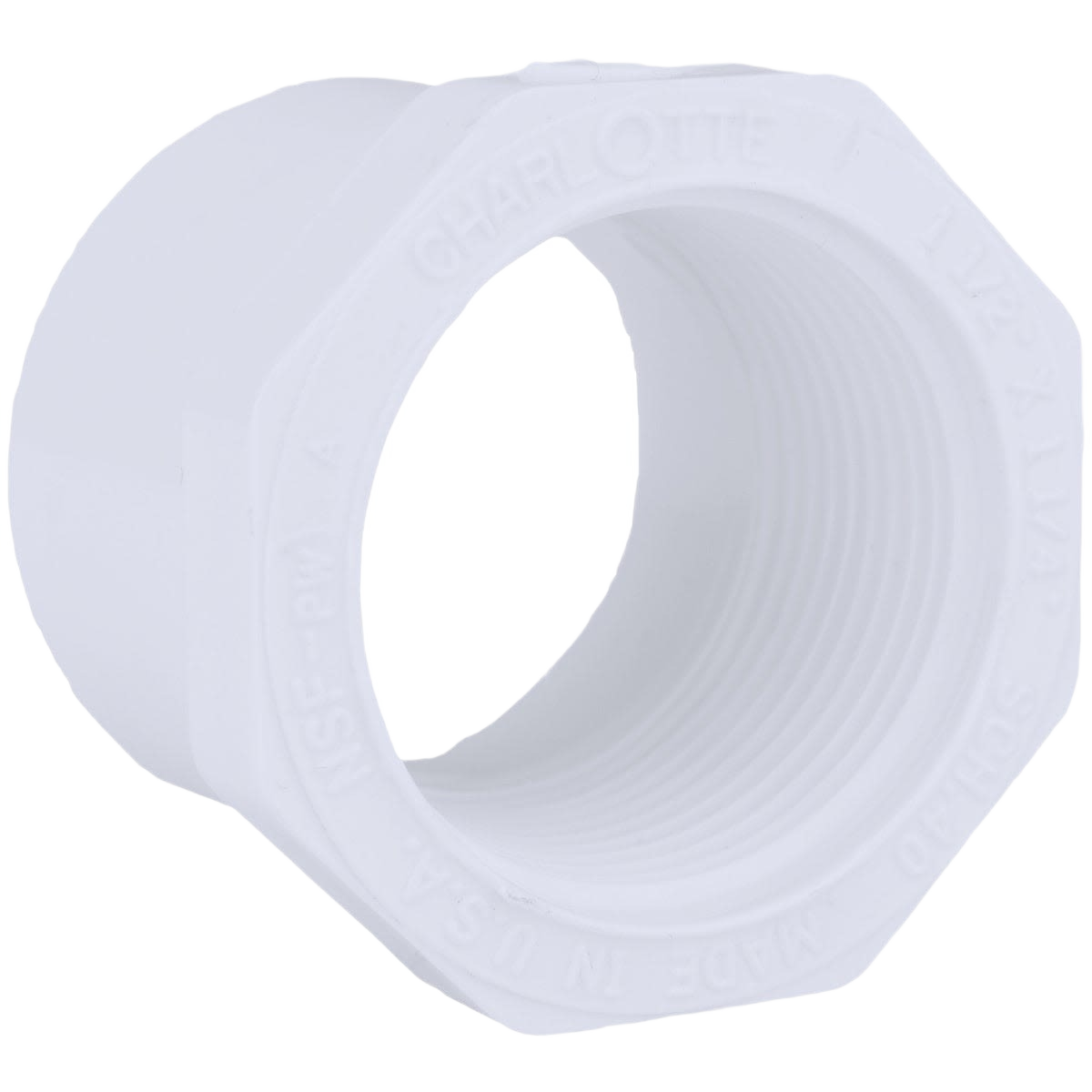 White PVC bushing fitting with threaded interior for plumbing in Pipes & Fittings and Home Improvement collections