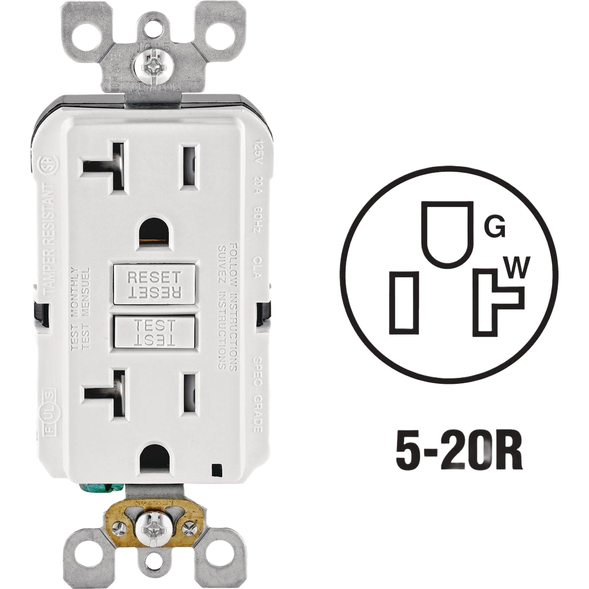 White commercial grade GFCI electrical outlet with reset and test buttons for home improvement use
