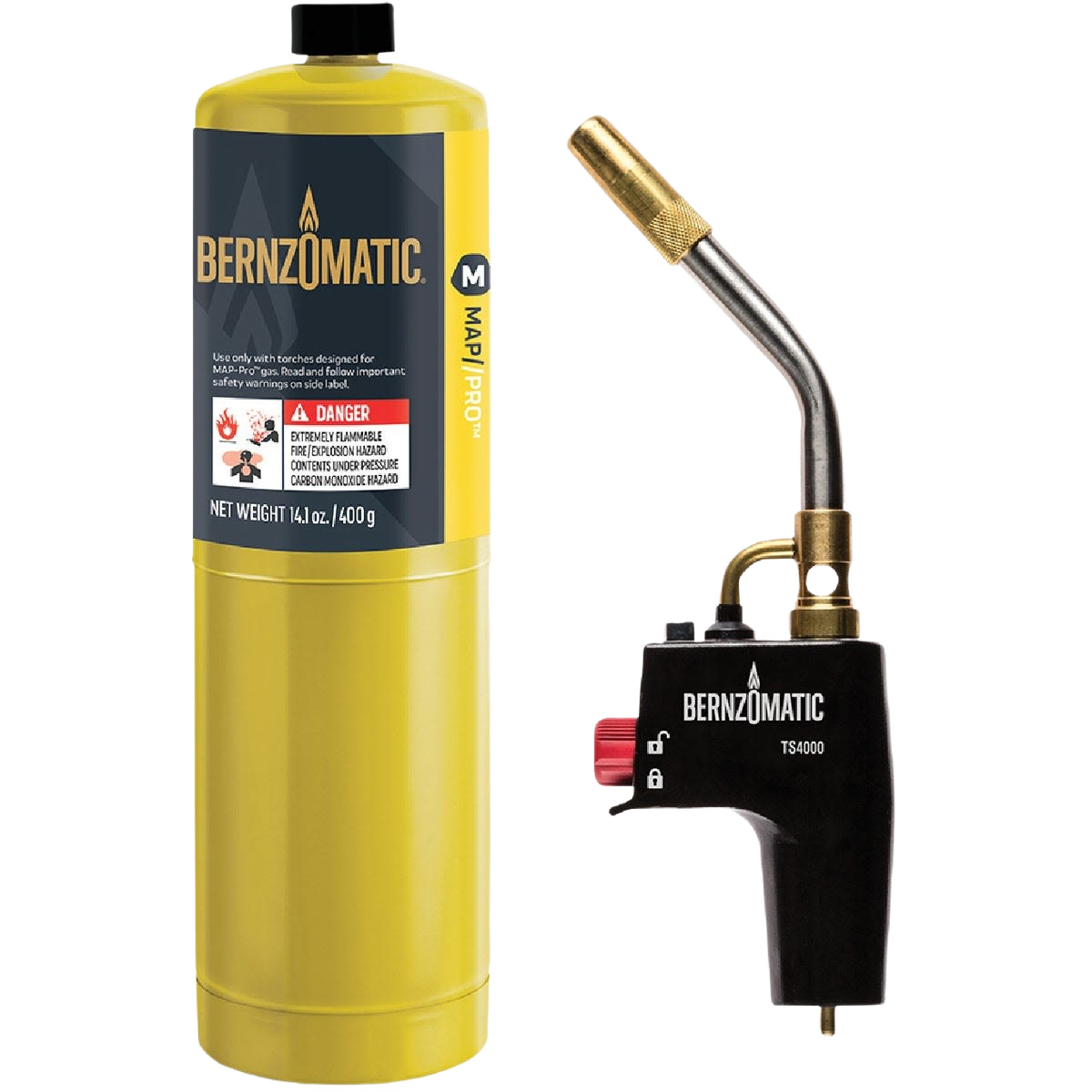 Yellow MAP/Pro gas cylinder and black handheld torch head with brass nozzle for home improvement tasks