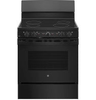 Front view of black free-standing electric radiant smooth cooktop range in kitchen appliances collection