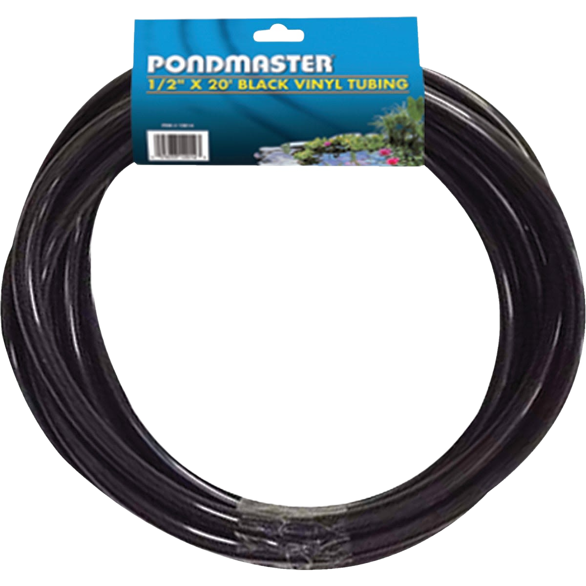 20-foot black vinyl tubing coil for pond systems, designed for durability and smooth water flow in lawn and garden use