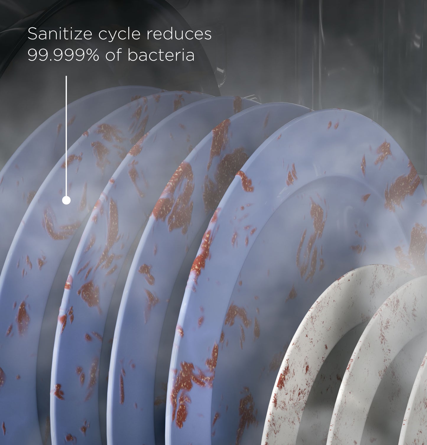 Close-up of dirty plates with steam illustrating sanitize cycle that eliminates 99.999% of bacteria in dishwashers and kitchenware.