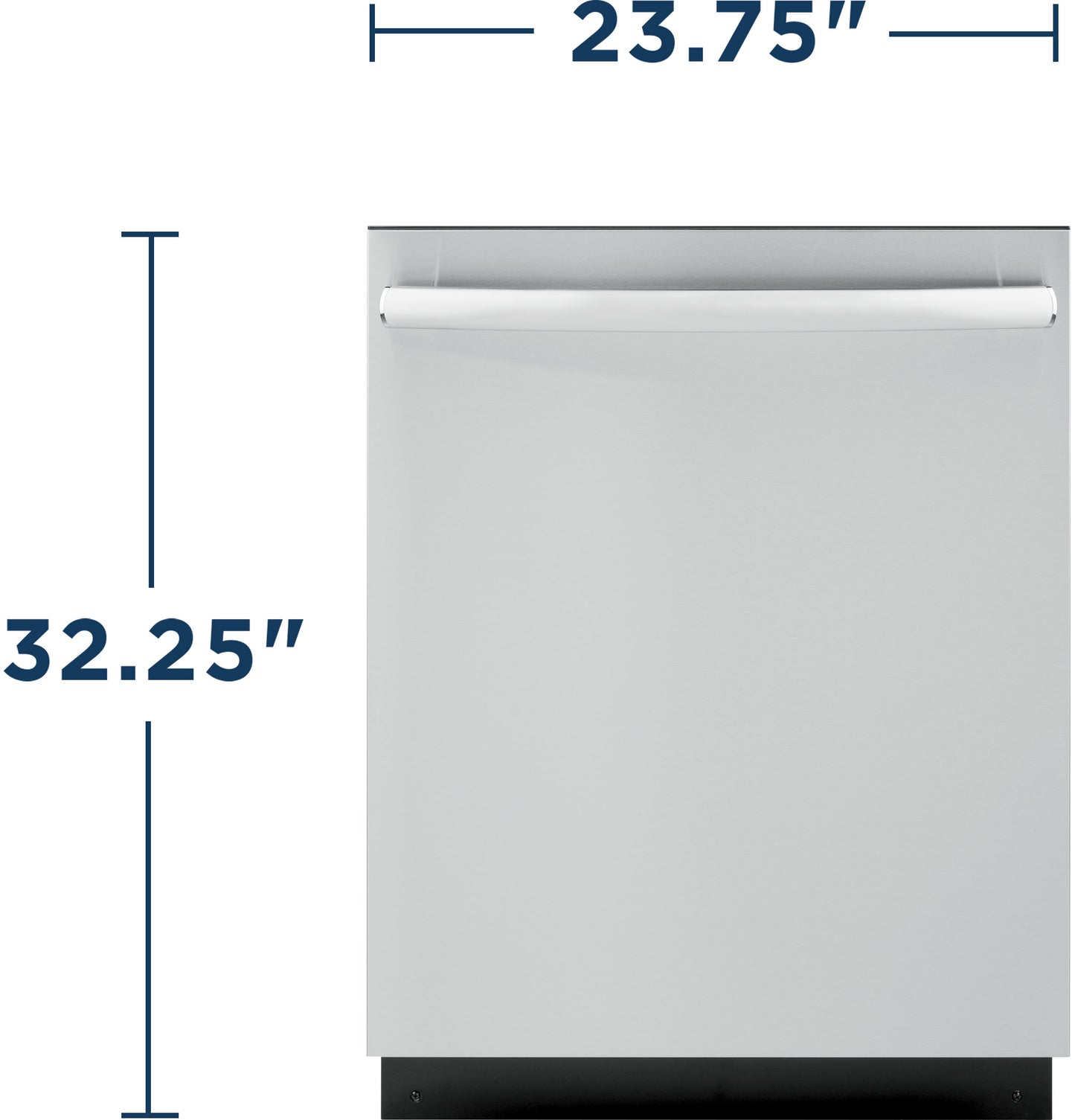 Front view of a stainless steel dishwasher with plain door, showing width and height dimensions for appliance fit.