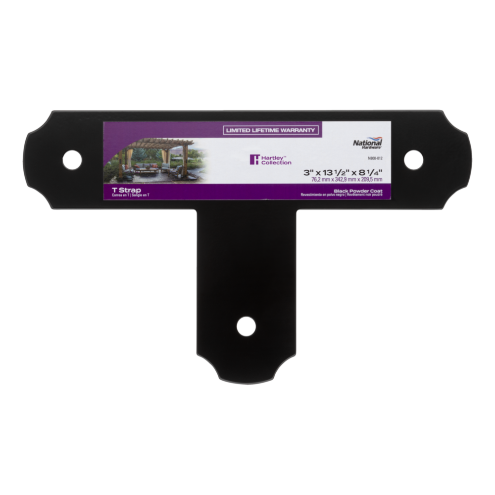 Black powder-coated metal T-strap with pre-drilled holes for lag screws in building hardware and home improvement projects