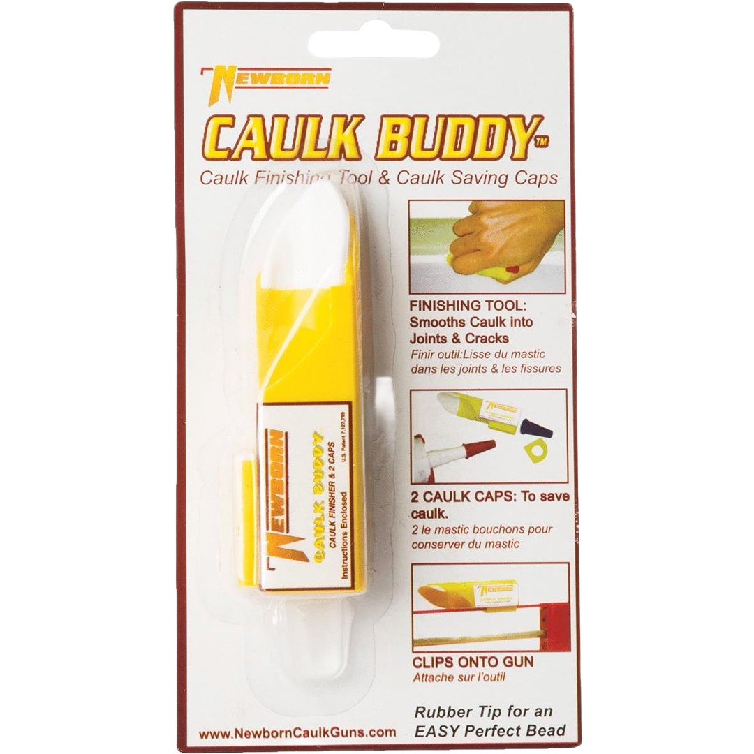 Caulk Buddy finishing tool with yellow rubber tip and 2 caps for smoothing caulk in joints and cracks under $50