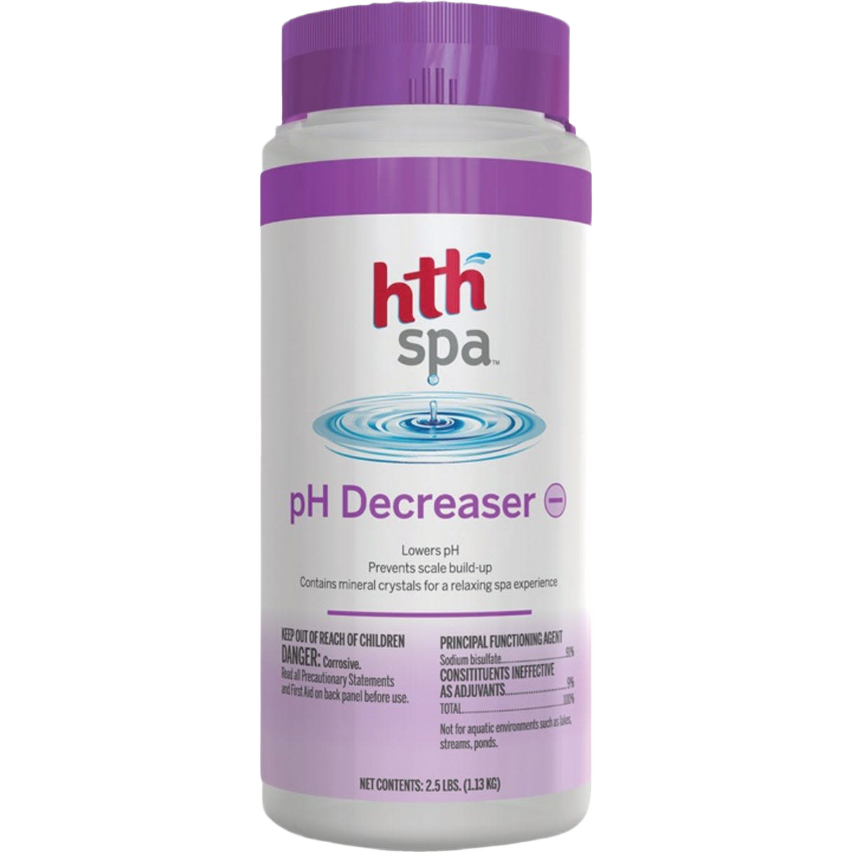 Plastic bottle of pH decreaser with purple lid and label for spa water balancing in home improvement tasks