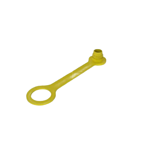 Yellow plastic dust plug with tether designed for protection in tools and home improvement applications