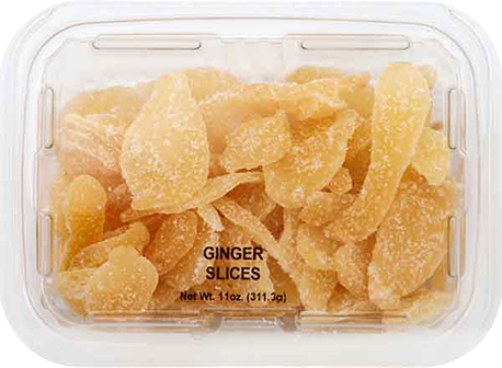 Clear plastic container filled with sweet crystallized ginger slices in the Chips & Snacks collection