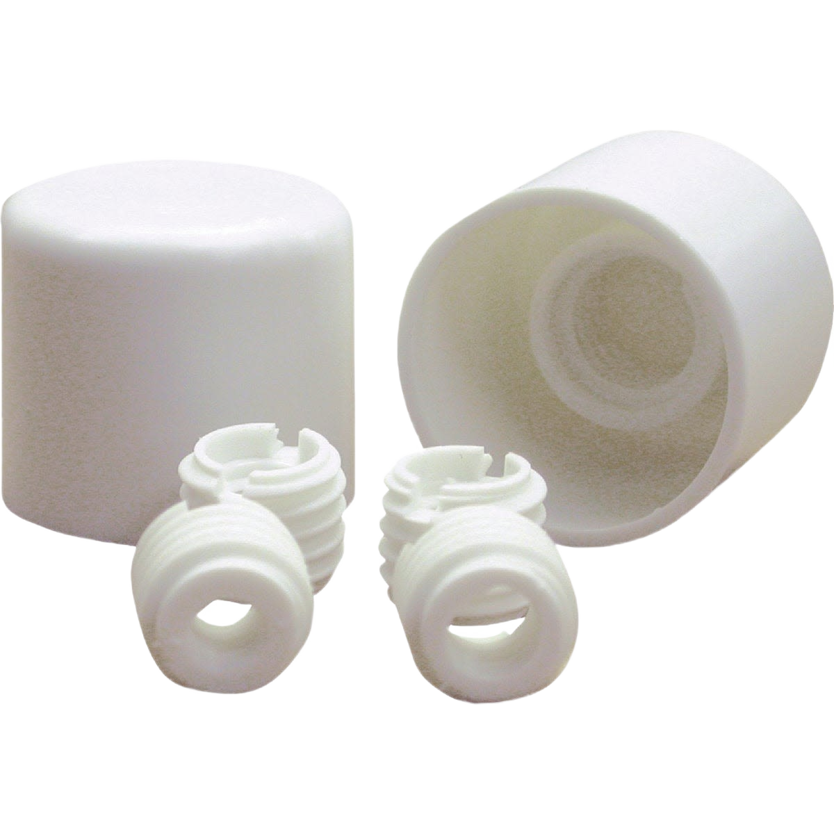 White plastic plumbing twister cap components with threaded inserts for home improvement use
