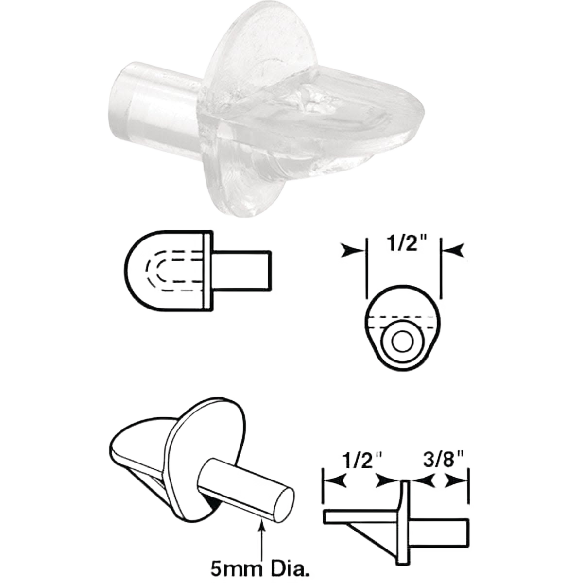 Clear butyrate shelf support peg with detailed measurements for shelving accessories in storage and organization collections