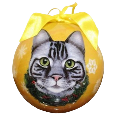 Yellow Christmas ball ornament featuring a detailed silver tabby cat face with a festive wreath and ribbon bow
