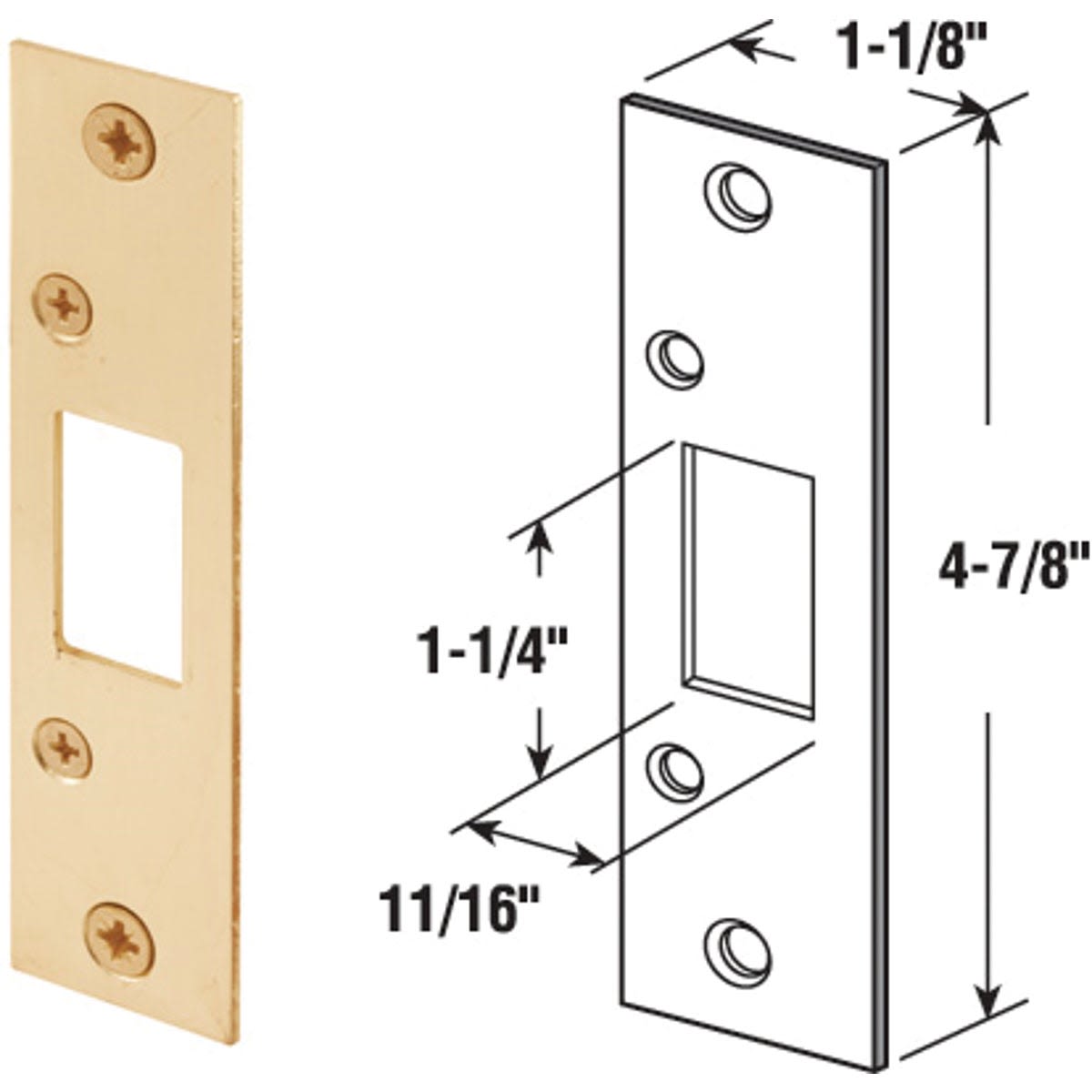 Brass-colored deadbolt security strike with mounting screws and detailed size measurements in hardware and home improvement collections