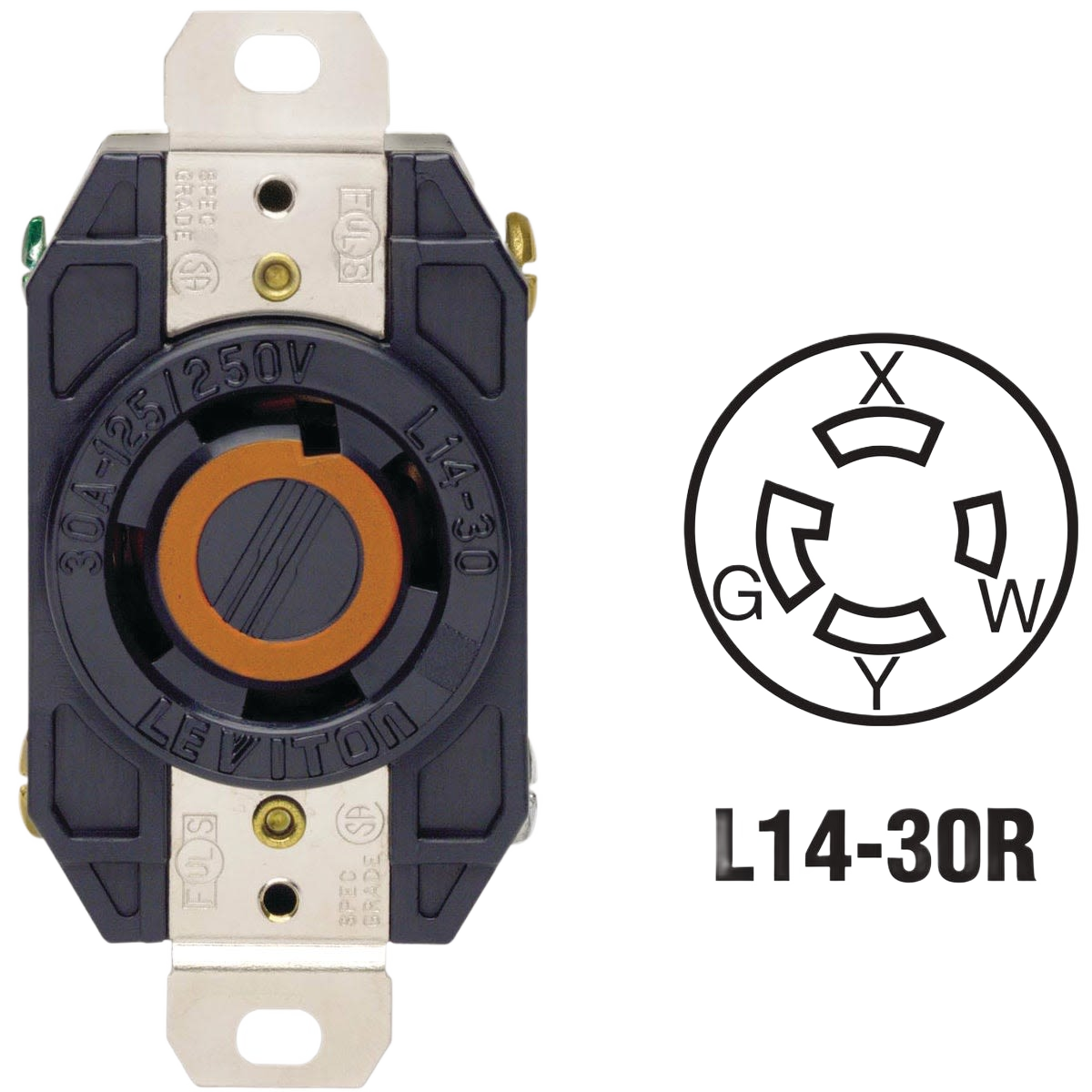 Black locking electrical outlet receptacle with brass contacts for industrial and home improvement use under $50.