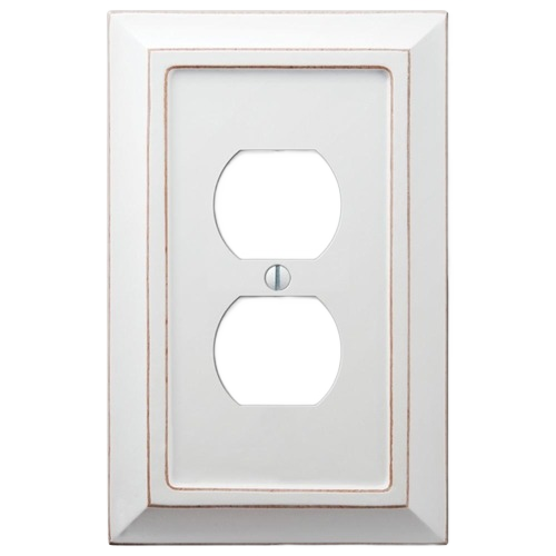 Distressed white wood duplex wallplate for electrical outlets with vintage style and subtle beveled edges under $50 collection