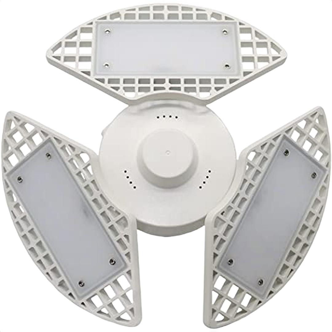 White LED light fixture with three adjustable panels for bright garage or workspace illumination under $50 collection