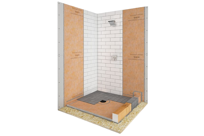 Partial shower enclosure with waterproof panels and tiled walls for bathroom and tile flooring installation projects