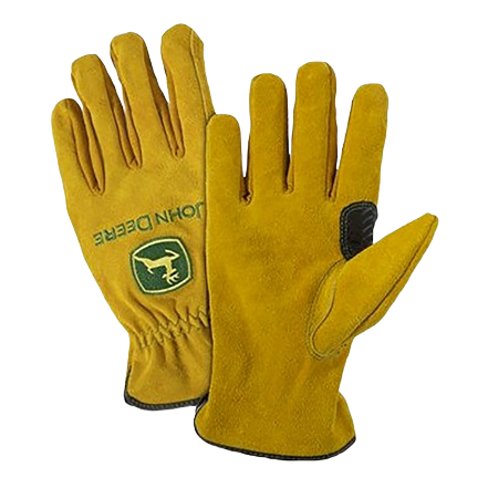 Pair of yellow split cowhide driver gloves with reinforced thumb and elastic wrist for tools and home improvement tasks
