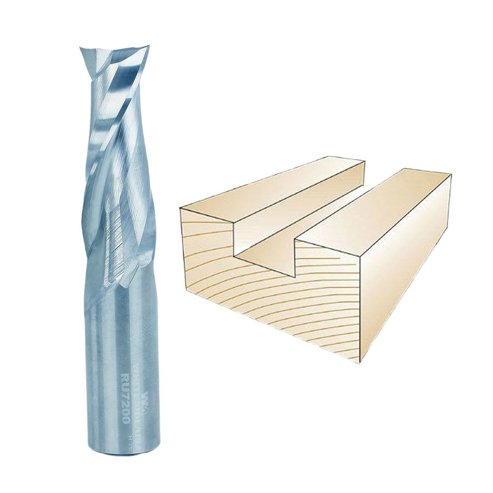 Spiral upcut bit for woodworking creating clean mortises shown beside wood block with routed groove for tool accessories and home improvement.
