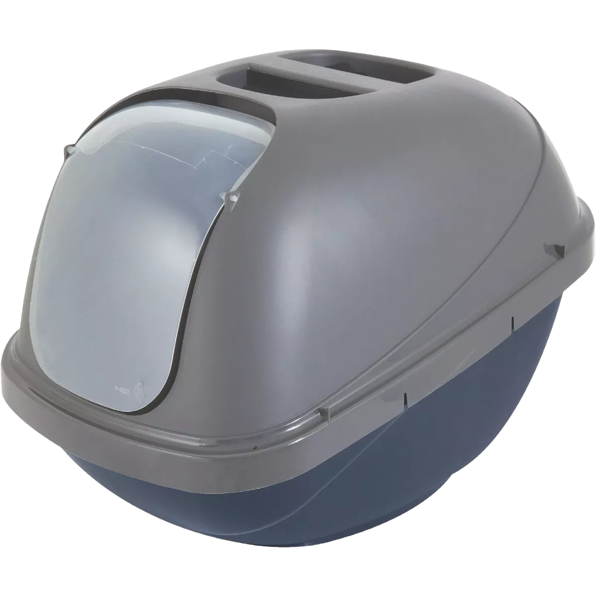 Large gray and blue hooded cat litter box with transparent swing door for privacy in pet supplies under $50 collection