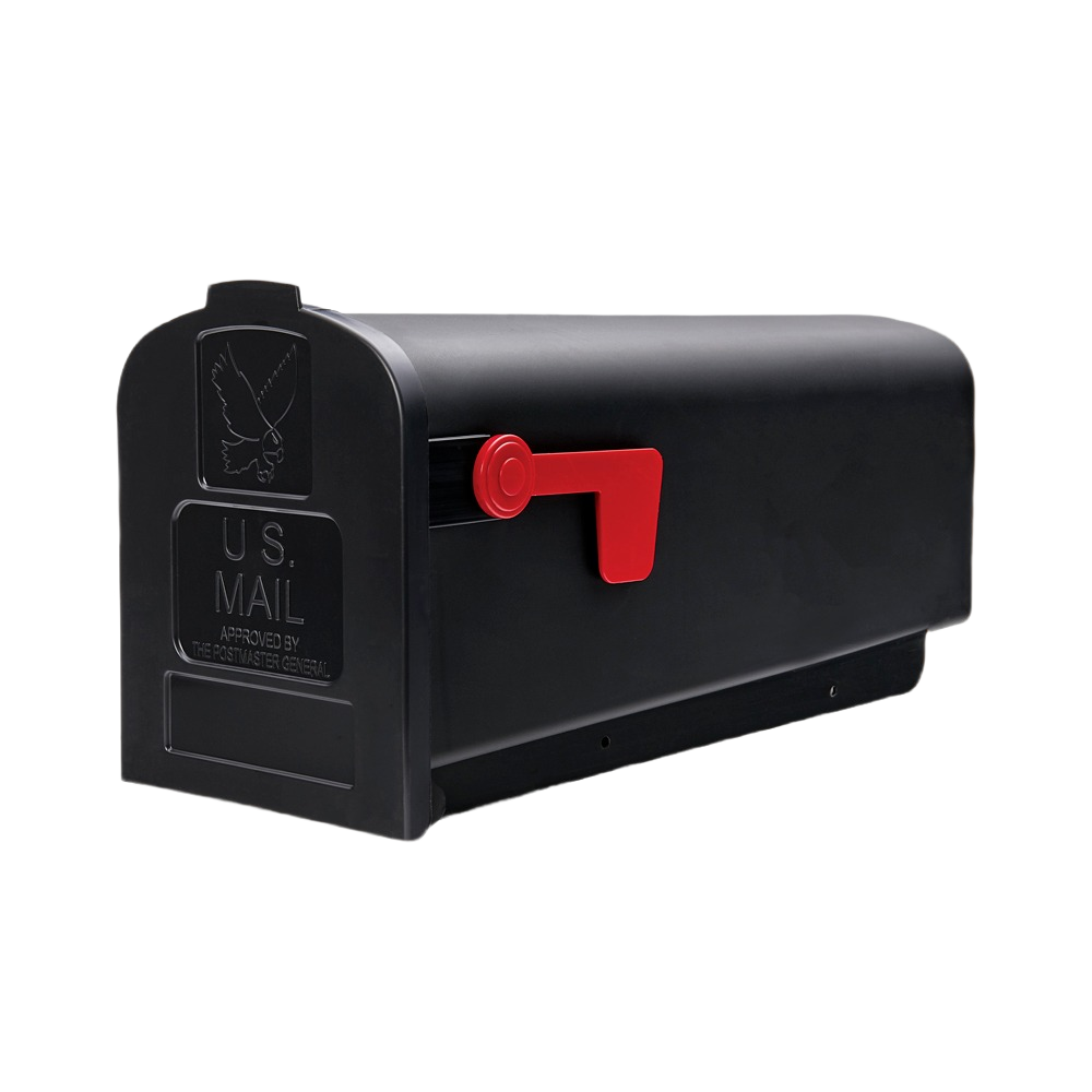 Black post mount mailbox with red flag and embossed U.S. Mail emblem for residential home use and improvement