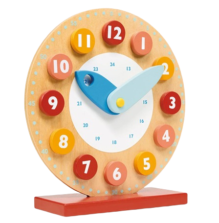 Colorful wooden teaching clock with movable blue hands for learning time concepts in educational settings