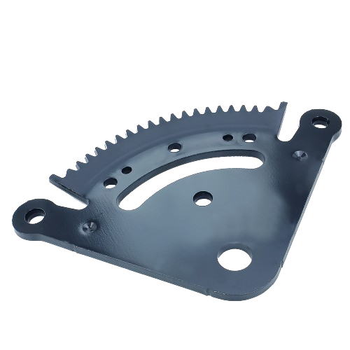 Black metal steering sector gear with toothed arc and mounting holes for mechanical and tools use