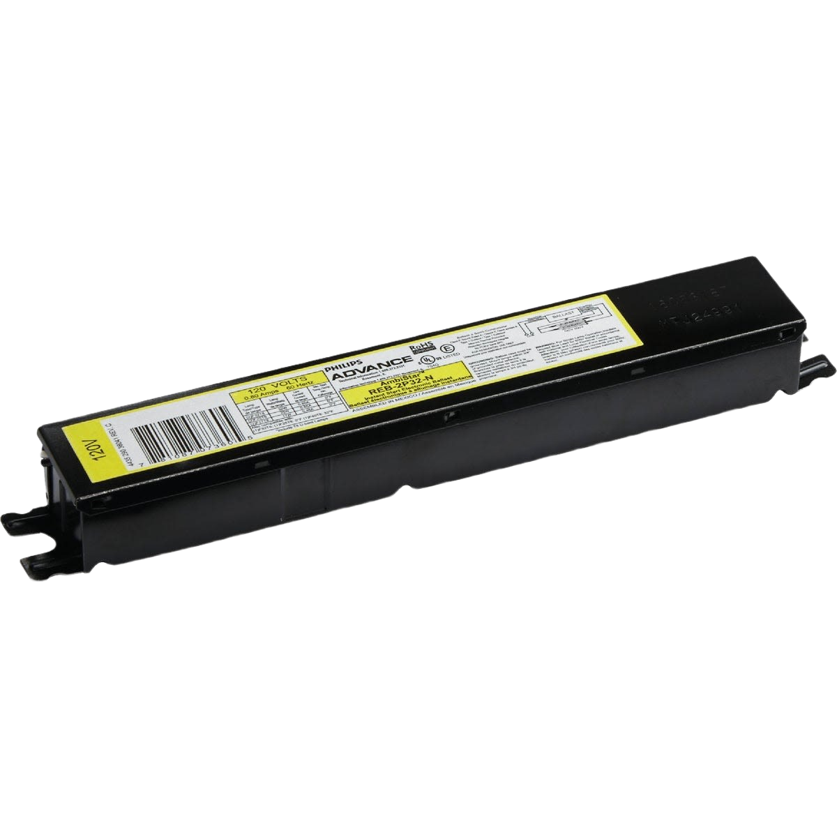 Black rectangular electronic ballast with yellow and white label for T8 lighting in electrical and home improvement collections