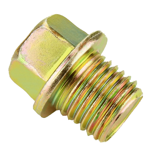 Metal drain plug with hex head and threaded body for automotive and tractor maintenance applications