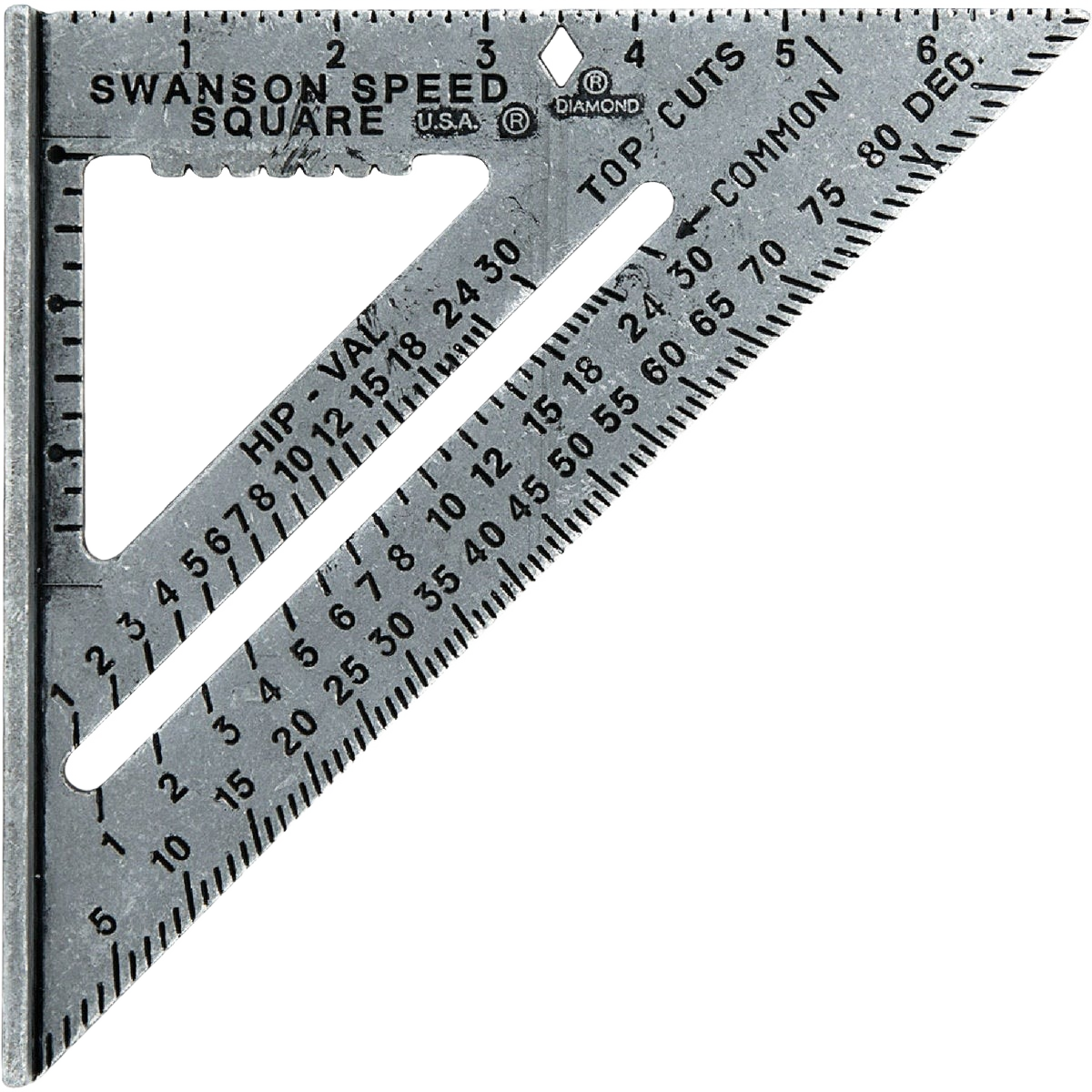 Metal rafter square with engraved measuring scales for woodworking and framing in hand and measuring tools collections