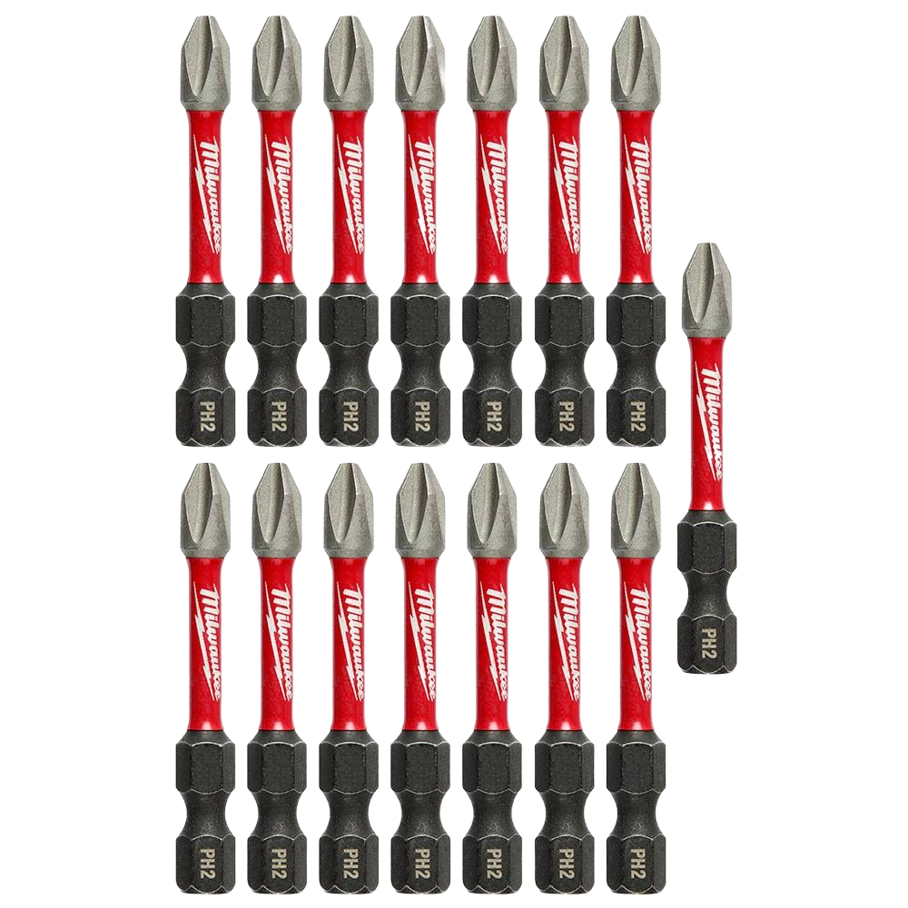 Set of 15 Milwaukee red and black PH2 impact driver bits for power tool accessories and home improvement collections