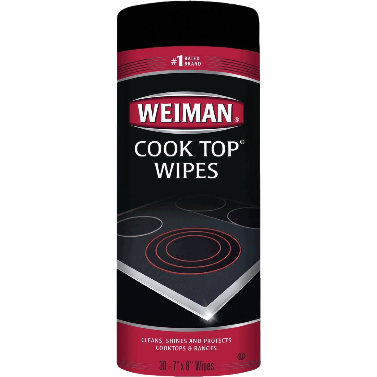 Container of kitchen surface wipes designed for cleaning and shining cooktops in household cleaning supplies collection