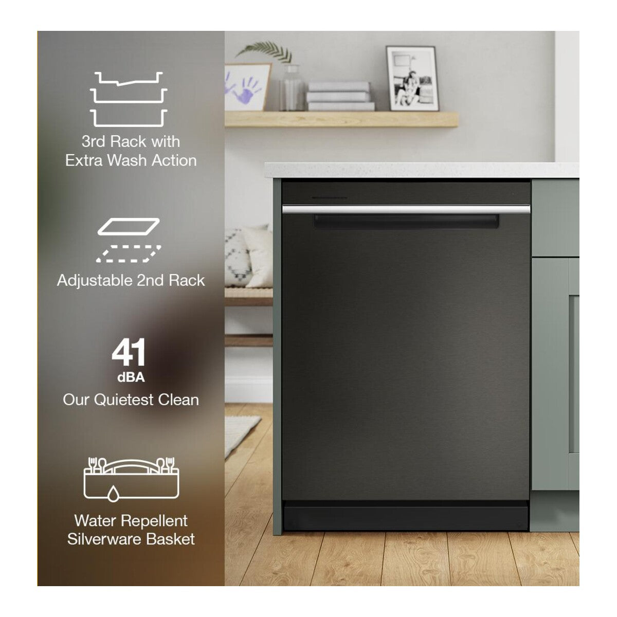 Eco Series Quiet Dishwasher with a washing 3rd Rack & Water Repellent Silverware Basket