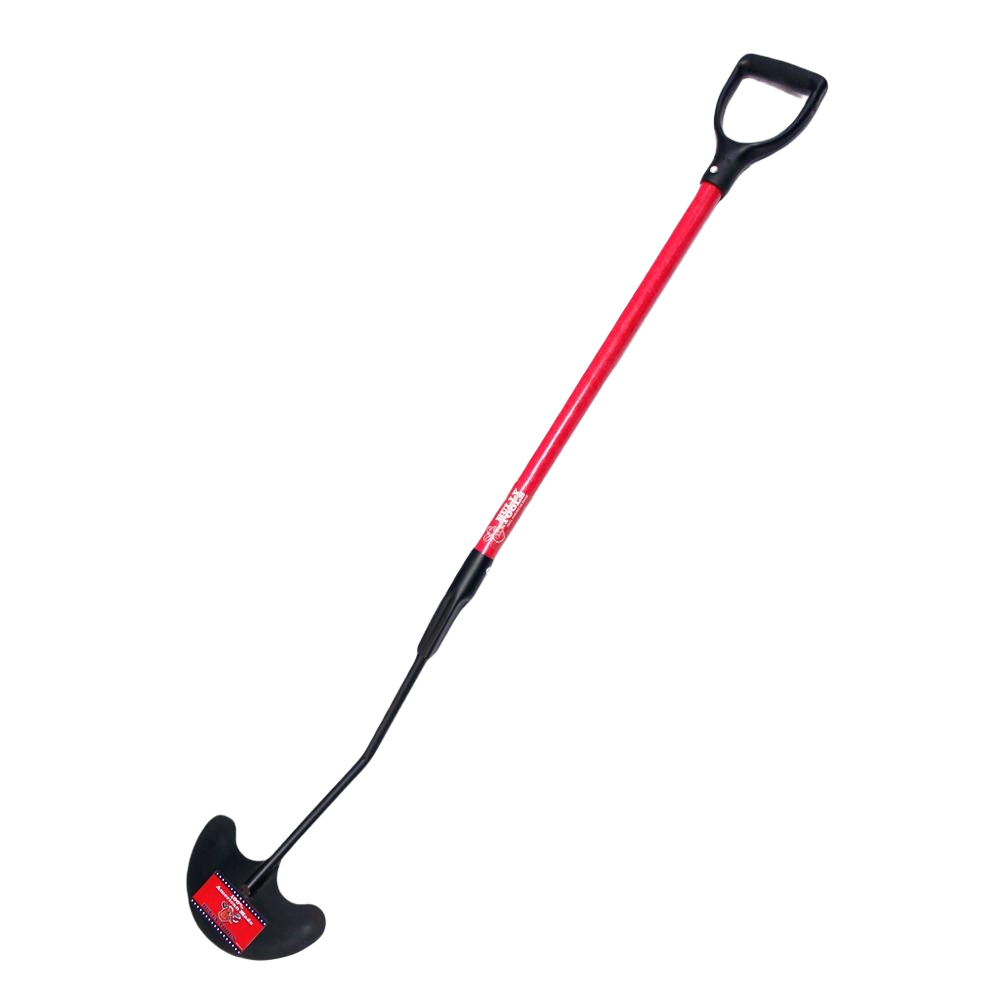 Steel sod lifter with red fiberglass handle and black poly D-grip designed for home improvement and landscaping tasks