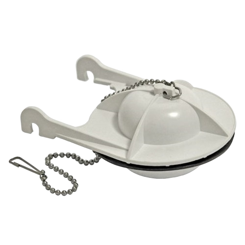 White plastic toilet tank flapper with attached metal chain for home improvement and plumbing use