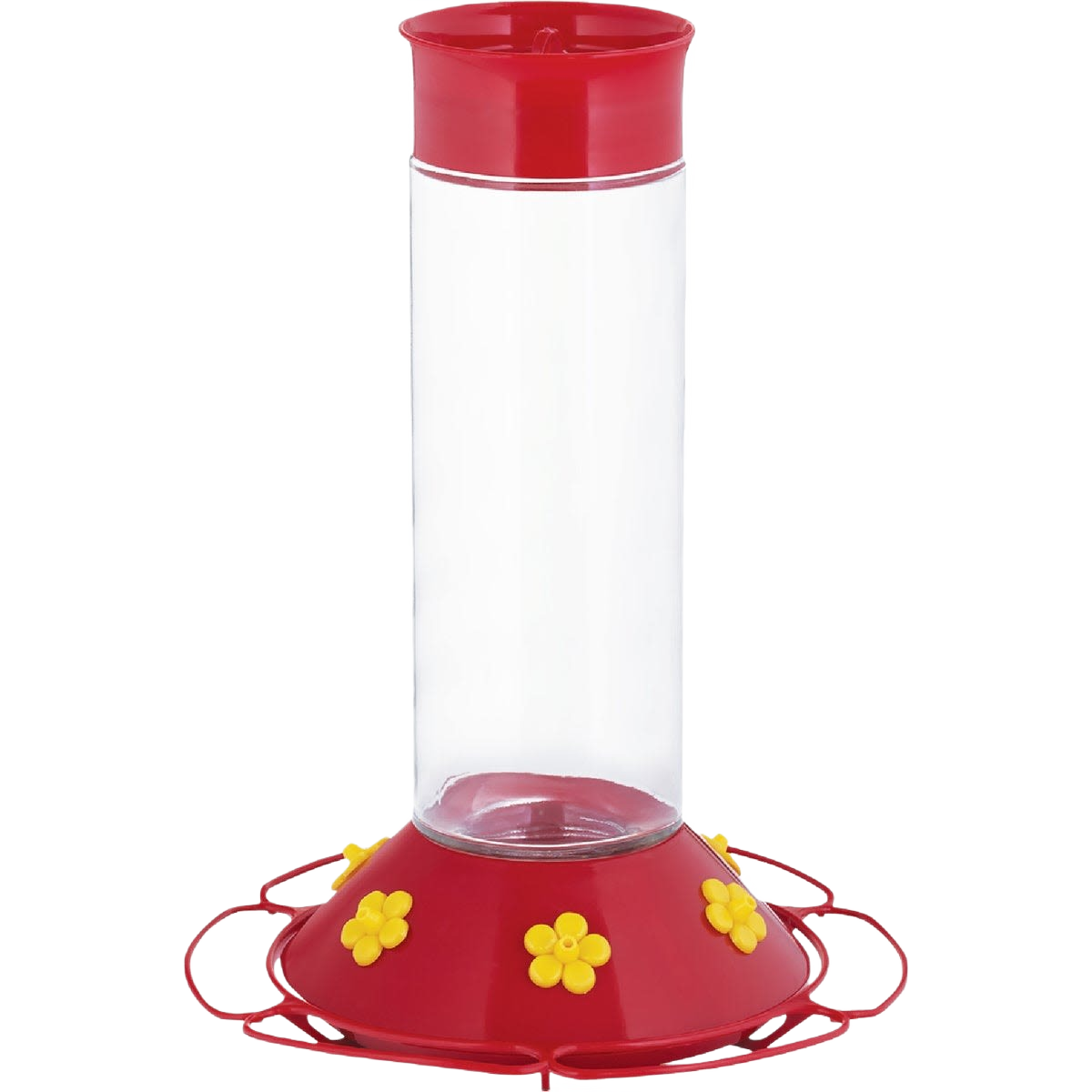 Red and clear glass hummingbird feeder with yellow flower feeding ports and hanging hooks for outdoor use