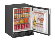 Compact black 21-inch refrigerator with open door showing beverages and food, suitable for kitchens and appliances.