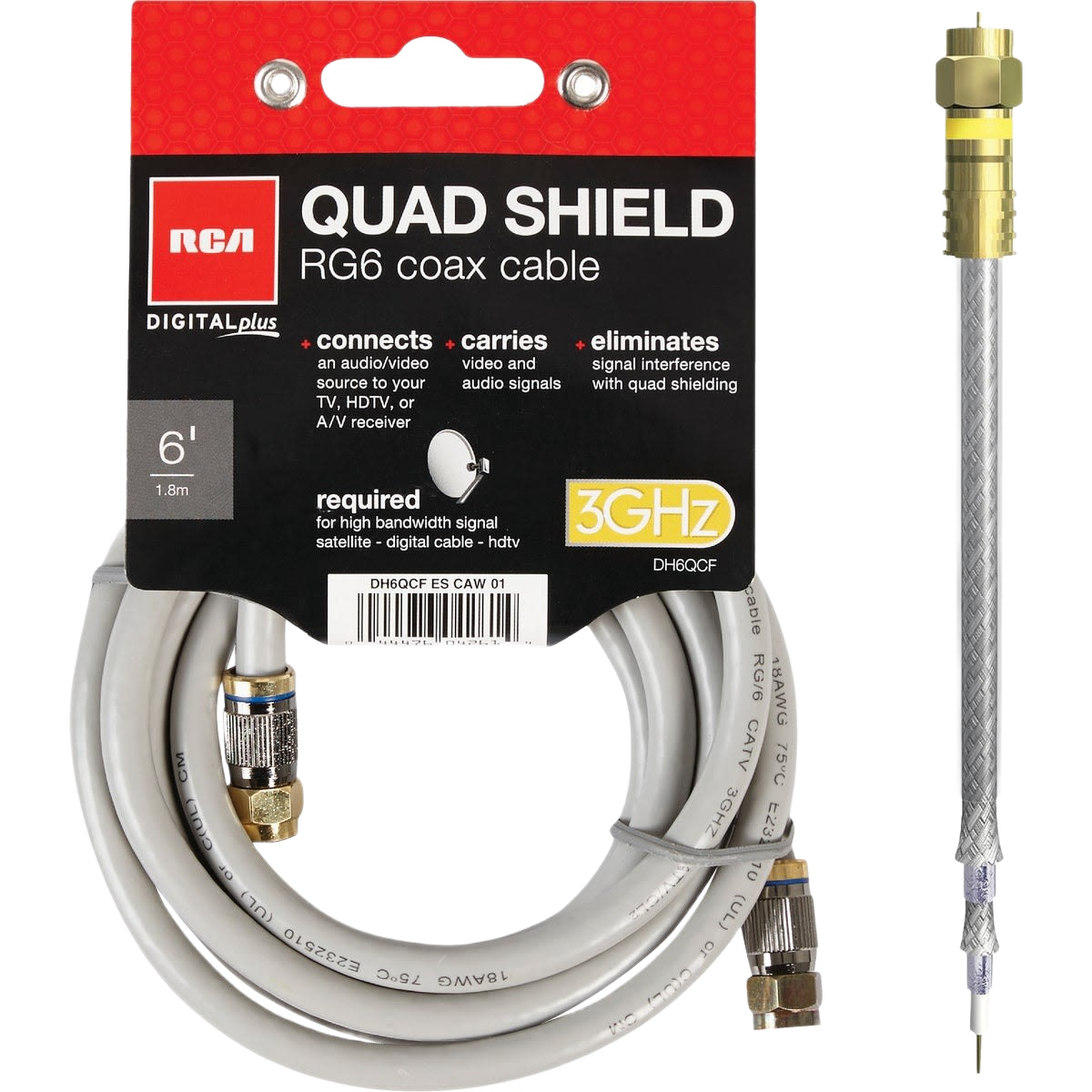 6-foot quad shield RG6 coaxial cable with gold-plated connectors for high-frequency signal transmission in home improvement tasks