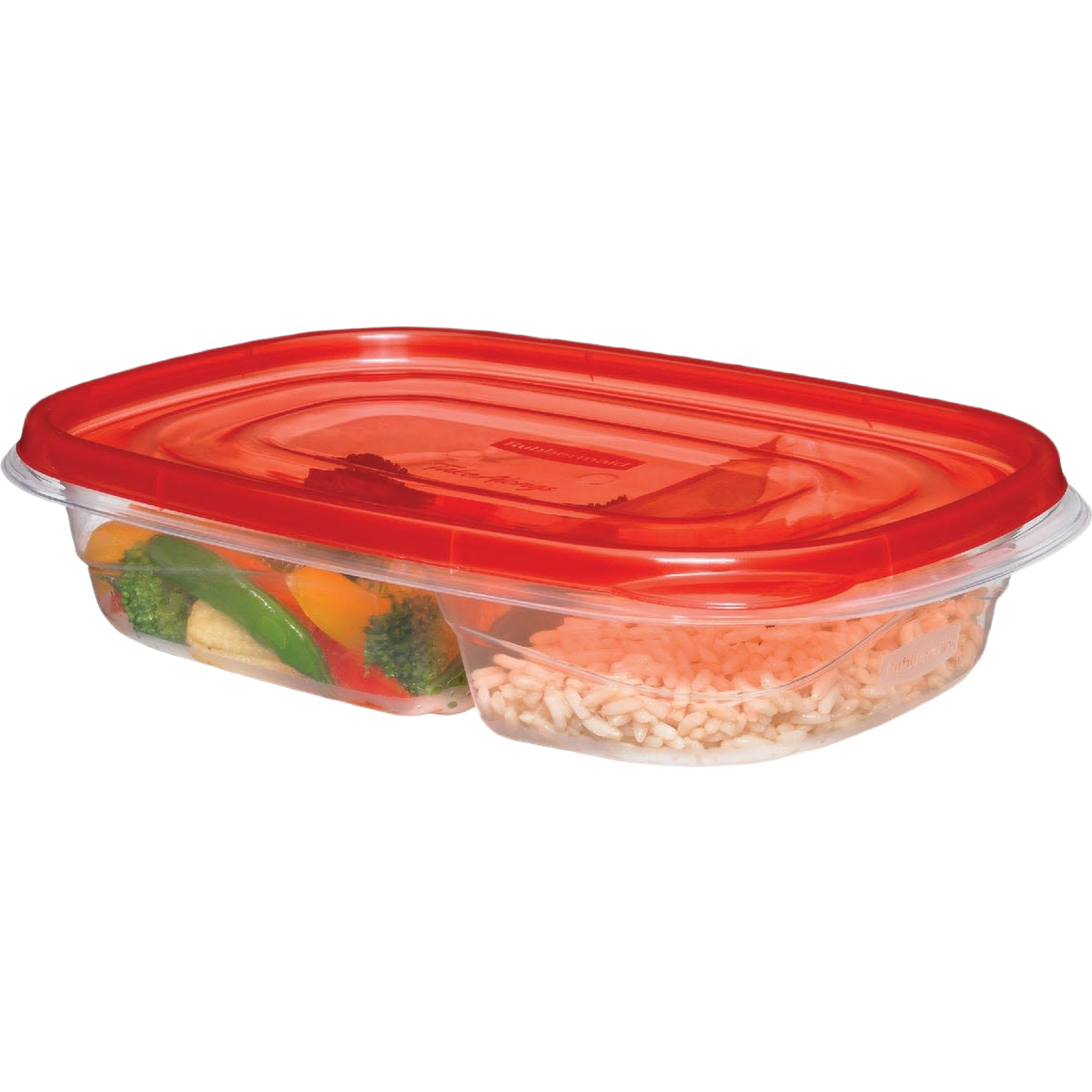 Clear divided food storage container with red lid, ideal for kitchen organization and meal prep under $50 collection