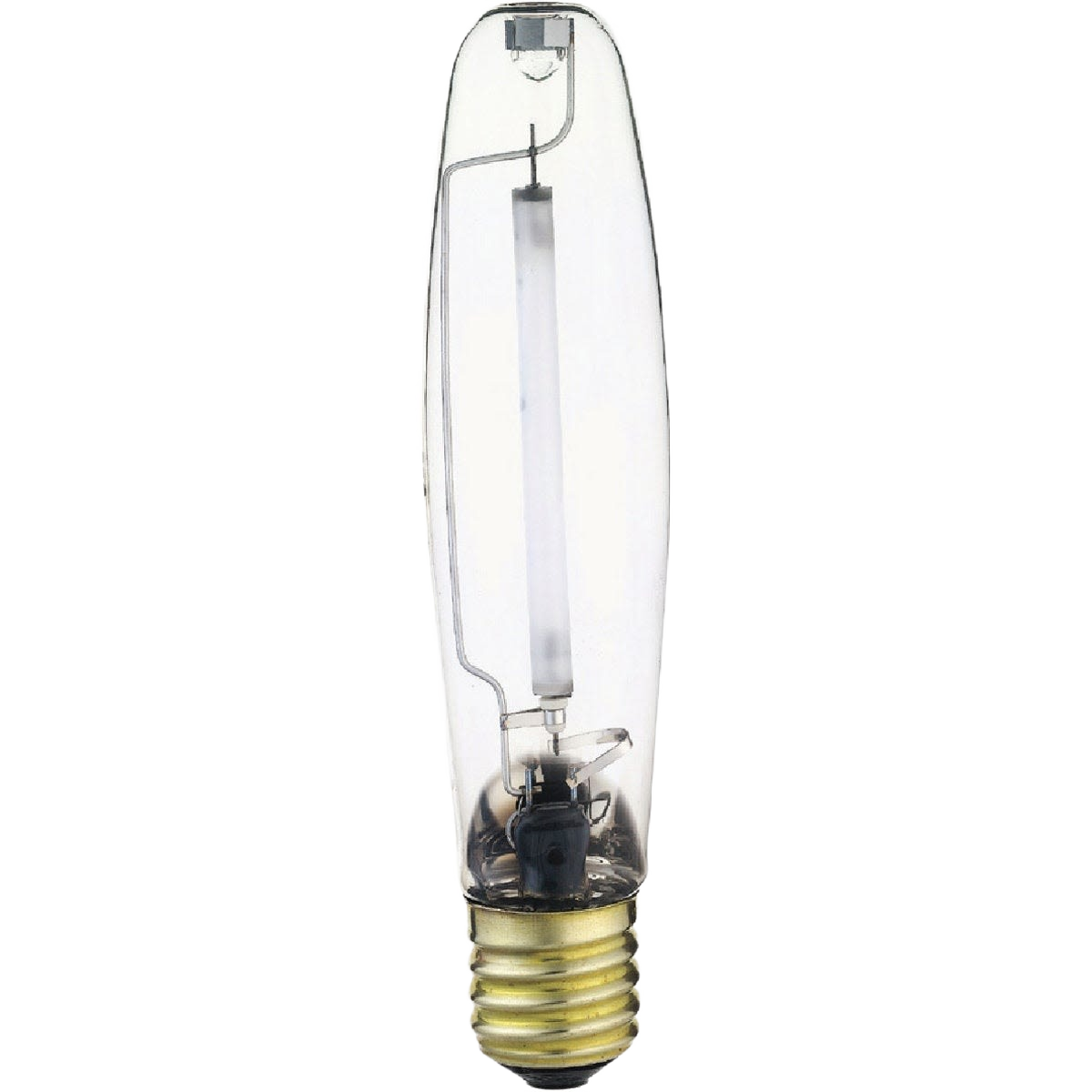 Clear high-intensity sodium light bulb with brass screw base for outdoor lighting and electrical fixtures