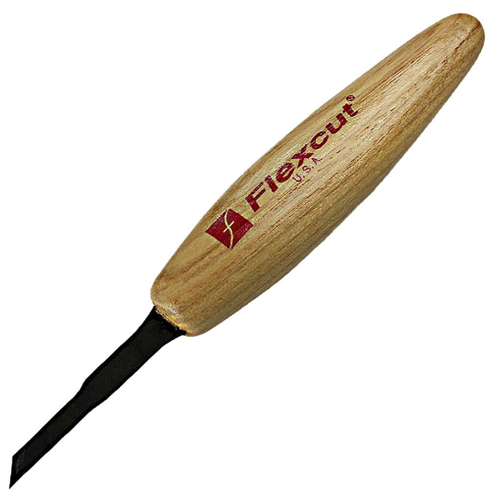 Handheld wood carving tool with smooth wooden handle and small angled steel blade for detailed woodworking tasks